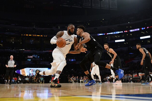 LOS ANGELES, CA - FEBRUARY 18:  LeBron James #23 of Team LeBron drives into Giannis Antetokounmpo #34 of Team Stephen during the NBA All-Star Game 2018 at Staples Center on February 18, 2018 in Los Angeles, California.  (Photo by Kevork Djansezian/Getty Images)