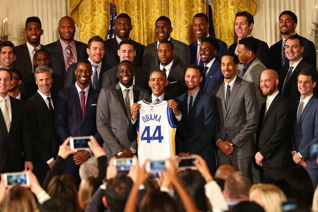 WASHINGTON, DC - FEBRUARY 04:  President Barack Obama poses for a photo during the Golden State Warriors visit to the White House to celebrate their 2015 NBA Championship on February 4, 2016 in Washington, DC. NOTE TO USER: User expressly acknowledges and agrees that, by downloading and or using this photograph, User is consenting to the terms and conditions of the Getty Images License Agreement. Mandatory Copyright Notice: Copyright 2016 NBAE (Photo by Ned Dishman/NBAE via Getty Images)