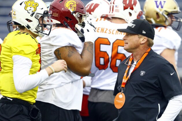 North head coach Jon Gruden of the Oakland Raiders walks the field during practice for Saturday's Senior Bowl college football game, Tuesday, Jan. 22, 2019, in Mobile, Ala. (AP Photo/Butch Dill)