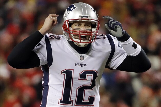 New England Patriots quarterback Tom Brady (12) signals from the line of scrimmage during the first quarter of the AFC Championship NFL football game against the Kansas City Chiefs, Sunday, Jan. 20, 2019, in Kansas City, Mo. (AP Photo/Elise Amendola)