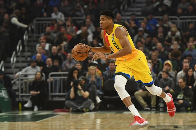 MILWAUKEE, WISCONSIN - JANUARY 21:  Giannis Antetokounmpo #34 of the Milwaukee Bucks handles the ball during a game against the Dallas Mavericks at Fiserv Forum on January 21, 2019 in Milwaukee, Wisconsin. NOTE TO USER: User expressly acknowledges and agrees that, by downloading and or using this photograph, User is consenting to the terms and conditions of the Getty Images License Agreement. (Photo by Stacy Revere/Getty Images)