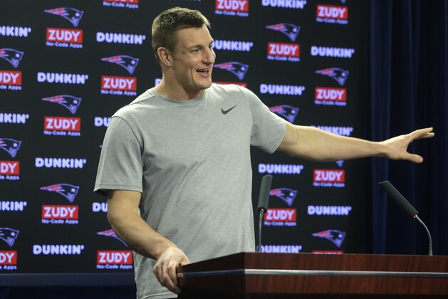 New England Patriots tight end Rob Gronkowski takes questions from reporters following an NFL football practice, Thursday, Jan. 24, 2019, in Foxborough, Mass. The Los Angeles Rams are to play the New England Patriots in Super Bowl 53 on Feb. 3, in Atlanta, Ga. (AP Photo/Steven Senne) New England Patriots tight end Rob Gronkowski takes questions from reporters following an NFL football practice, Thursday, Jan. 24, 2019, in Foxborough, Mass. The Los Angeles Rams are to play the New England Patriots in Super Bowl 53 on Feb. 3, in Atlanta, Ga. (AP Photo/Steven Senne)