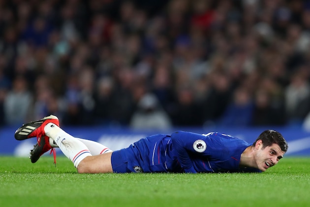 LONDON, ENGLAND - JANUARY 02:  Alvaro Morata of Chelsea goes down injured during the Premier League match between Chelsea FC and Southampton FC at Stamford Bridge on January 2, 2019 in London, United Kingdom.  (Photo by Clive Rose/Getty Images)