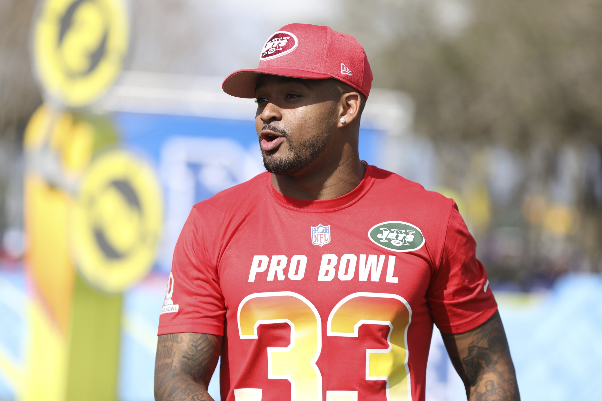 AFC safety Jamal Adams #33 celebrates at the Pro Bowl Skills Challenge, Wednesday, January 23, 2019, in Kissimmee, FL. (AP Photo/Gregory Payan)