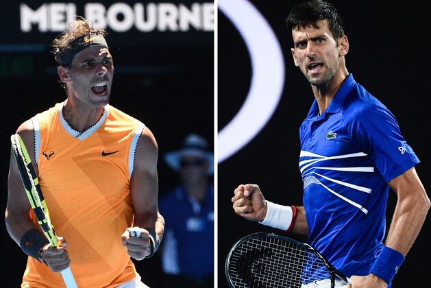 (COMBO) This combination photo created on January 25, 2019 shows Spain's Rafael Nadal celebrating his victory against Australia's James Duckworth at the Australian Open tennis tournament in Melbourne on January 14, 2019 (L) and Serbia's Novak Djokovic reacting after a point against France's Lucas Pouille at the Australian Open tennis tournament in Melbourne on January 25, 2019. - Rafael Nadal will play Novak Djokovic in the men's singles final at the Australian Open tennis tournament on January 27, 2019. (Photo by Jewel SAMAD / AFP) (Photo credit should read JEWEL SAMAD/AFP/Getty Images) (COMBO) This combination photo created on January 25, 2019 shows Spain's Rafael Nadal celebrating his victory against Australia's James Duckworth at the Australian Open tennis tournament in Melbourne on January 14, 2019 (L) and Serbia's Novak Djokovic reacting after a point against France's Lucas Pouille at the Australian Open tennis tournament in Melbourne on January 25, 2019. - Rafael Nadal will play Novak Djokovic in the men's singles final at the Australian Open tennis tournament on January 27, 2019. (Photo by Jewel SAMAD / AFP) (Photo credit should read JEWEL SAMAD/AFP/Getty Images)