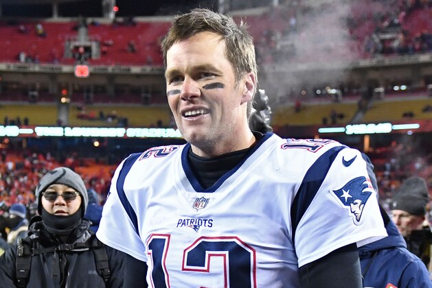KANSAS CITY, MO - JANUARY 20:  Quarterback Tom Brady #12 of the New England Patriots walks off the field after defeating the Kansas City Chiefs in overtime during the AFC Championship Game at Arrowhead Stadium on January 20, 2019 in Kansas City, Missouri. (Photo by Peter G. Aiken/Getty Images)
