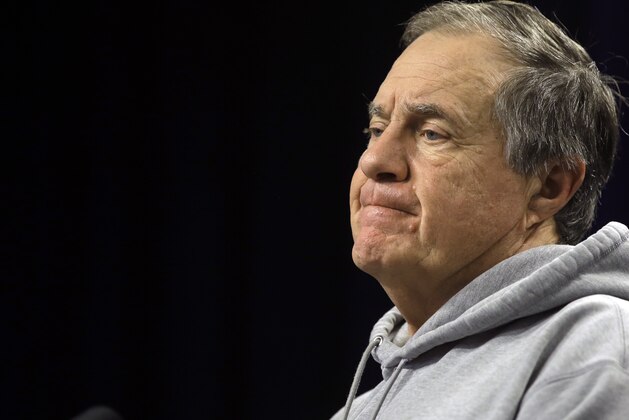 New England Patriots head coach Bill Belichick faces reporters before an NFL football practice, Thursday, Jan. 24, 2019, in Foxborough, Mass. The Los Angeles Rams are to play the New England Patriots in Super Bowl 53 on Feb. 3, in Atlanta, Ga. (AP Photo/Steven Senne)