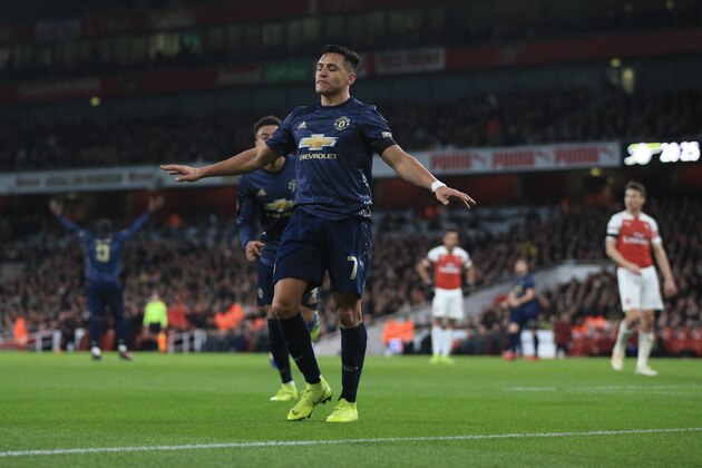 LONDON, ENGLAND - JANUARY 25: Muted celebrations from Alexis Sanchez of Manchester United after scoring their 1st goal during the FA Cup Fourth Round match between Arsenal and Manchester United at Emirates Stadium on January 25, 2019 in London, United Kingdom. (Photo by Marc Atkins/Getty Images)