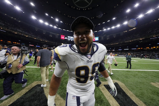 NEW ORLEANS, LOUISIANA - JANUARY 20: Aaron Donald #99 of the Los Angeles Rams celebrates after defeating the New Orleans Saints in the NFC Championship game at the Mercedes-Benz Superdome on January 20, 2019 in New Orleans, Louisiana.  The Los Angeles Rams defeated the New Orleans Saints with a score of 26 to 23. (Photo by Kevin C.  Cox/Getty Images)