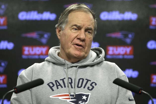 New England Patriots head coach Bill Belichick speaks to the media before an NFL football practice, Thursday, Jan. 24, 2019, in Foxborough, Mass. The Los Angeles Rams are to play the New England Patriots in Super Bowl 53 on Feb. 3, in Atlanta, Ga. (AP Photo/Steven Senne)