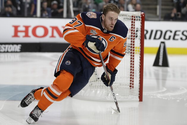 Edmonton Oilers' Connor McDavid skates during the skills competition, part of the NHL hockey All Star weekend, in San Jose, Calif., Friday, Jan. 25, 2019. The game is scheduled for Saturday afternoon. (AP Photo/Ben Margot)