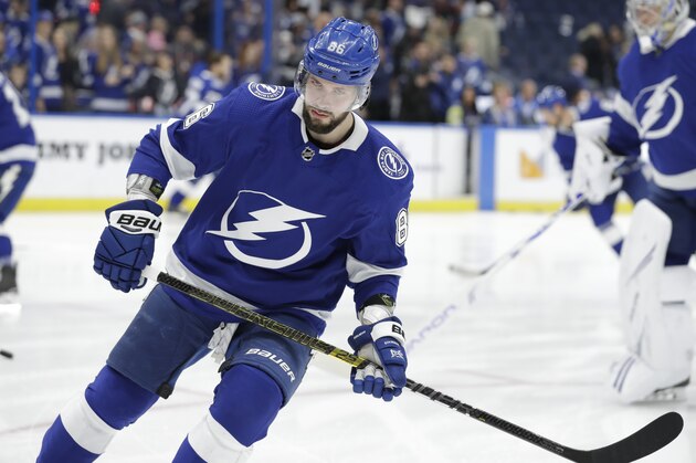 Tampa Bay Lightning right wing Nikita Kucherov (86) before an NHL hockey game against the Carolina Hurricanes Thursday, Jan. 10, 2019, in Tampa, Fla. (AP Photo/Chris O'Meara)