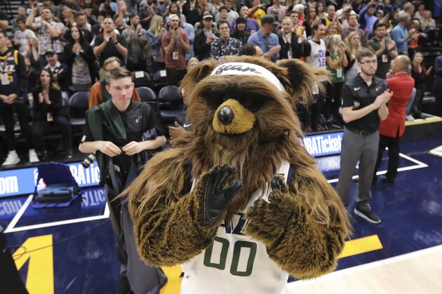The Utah Jazz Bear looks on before the start of their NBA basketball game against the Golden State Warriors Friday, Oct. 19, 2018, in Salt Lake City. (AP Photo/Rick Bowmer)