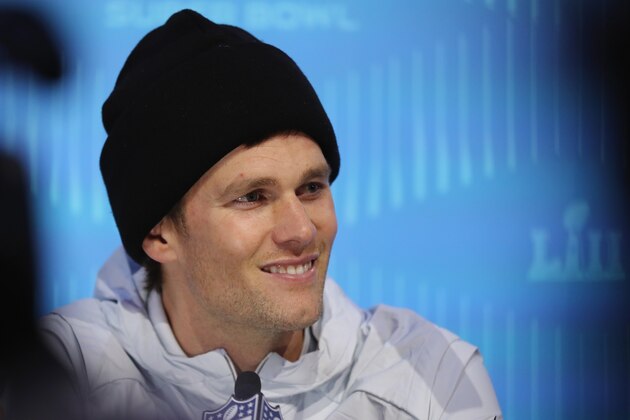 ST PAUL, MN - JANUARY 29:  Tom Brady #12 of the New England Patriots speaks to the media during SuperBowl LII Media Day at Xcel Energy Center on January 29, 2018 in St Paul, Minnesota.  Super Bowl LII will be played between the New England Patriots and the Philadelphia Eagles on February 4.  (Photo by Elsa/Getty Images)