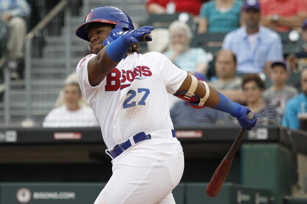 Buffalo Bisons' Vladimir Guerrero Jr. swings and misses at a pitch during the first inning of his debut with the team, in a Triple-A baseball game against the Lehigh Valley IronPigs on Tuesday, July 31, 2018, in Buffalo N.Y. (AP Photo/Jeffrey T. Barnes) Buffalo Bisons' Vladimir Guerrero Jr. swings and misses at a pitch during the first inning of his debut with the team, in a Triple-A baseball game against the Lehigh Valley IronPigs on Tuesday, July 31, 2018, in Buffalo N.Y. (AP Photo/Jeffrey T. Barnes)
