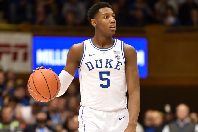 DURHAM, NORTH CAROLINA - JANUARY 14: RJ Barrett #5 of the Duke Blue Devils moves the ball against the Syracuse Orange during their game at Cameron Indoor Stadium on January 14, 2019 in Durham, North Carolina. Syracuse won 95-91 in overtime. (Photo by Grant Halverson/Getty Images)