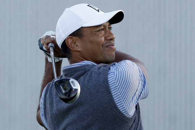 Tiger Woods watches his tee shot on the 10th hole of the South Course at Torrey Pines Golf Course during the third round of the Farmers Insurance golf tournament Saturday, Jan. 26, 2019, in San Diego. (AP Photo/Gregory Bull)