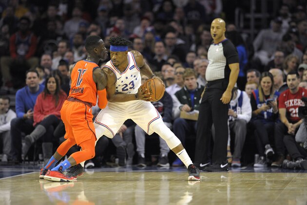Philadelphia 76ers' Jimmy Butler is seen during an NBA basketball game against the Oklahoma City Thunder, Saturday, Jan. 19, 2019, in Philadelphia. (AP Photo/Michael Perez)