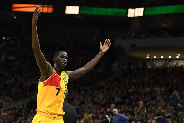 MILWAUKEE, WISCONSIN - JANUARY 07:  Thon Maker #7 of the Milwaukee Bucks celebrates after coming out of the game against the Utah Jazz at Fiserv Forum on January 07, 2019 in Milwaukee, Wisconsin. NOTE TO USER: User expressly acknowledges and agrees that, by downloading and or using this photograph, User is consenting to the terms and conditions of the Getty Images License Agreement. (Photo by Stacy Revere/Getty Images)