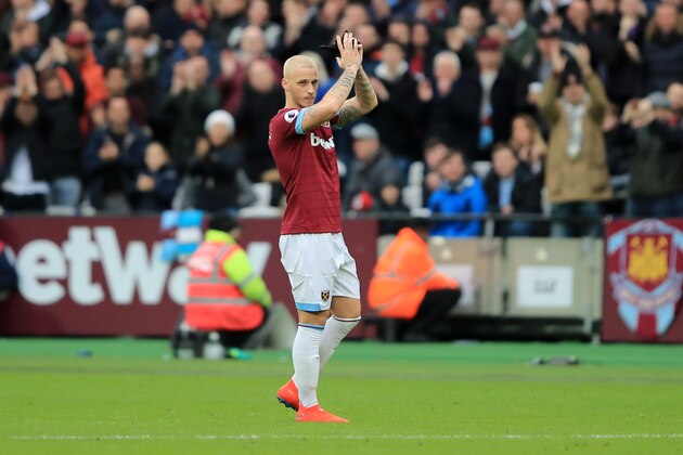 LONDON, ENGLAND - JANUARY 12:  Marko Arnautovic of West Ham United acknowledges the fans as he is substituted during the Premier League match between West Ham United and Arsenal FC at London Stadium on January 12, 2019 in London, United Kingdom.  (Photo by Marc Atkins/Getty Images)