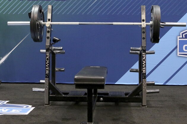 The empty bench press at the 2018 NFL football scouting combine Thursday, March 1, 2018, in Indianapolis. (AP Photo/Gregory Payan)
