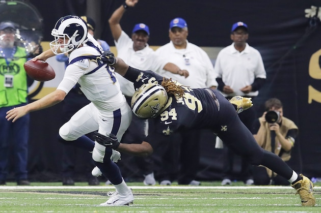 New Orleans Saints defensive end Cameron Jordan tackles Los Angeles Rams quarterback Jared Goff during the second half of the NFL football NFC championship game Sunday, Jan. 20, 2019, in New Orleans.(AP Photo/Carolyn Kaster)