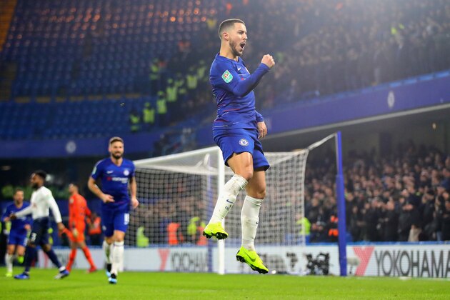 LONDON, ENGLAND - JANUARY 24:  Eden Hazard of Chelsea celebrates scoring his sides second goal during the Carabao Cup Semi-Final Second Leg match between Chelsea and Tottenham Hotspur at Stamford Bridge on January 24, 2019 in London, England.  (Photo by Chris Brunskill/Fantasista/Getty Images)