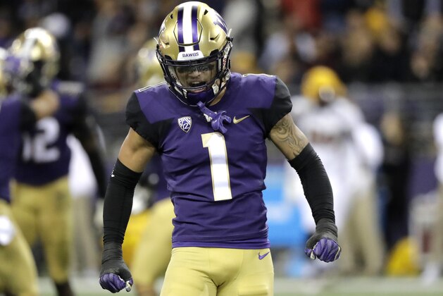 Washington defensive back Byron Murphy celebrates after Washington defensive back JoJo McIntosh intercepted a pass during the second half of an NCAA college football game against Arizona State, Saturday, Sept. 22, 2018, in Seattle. Washington won 27-20. (AP Photo/Ted S. Warren)