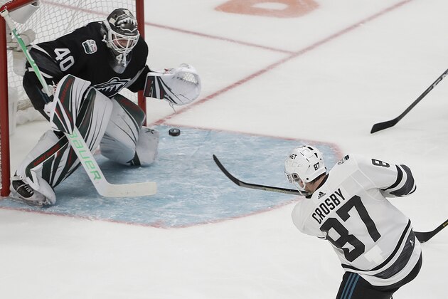 Metropolitan Division's Sidney Crosby, of the Pittsburgh Penguins, scores a goal past Central Division's Devan Dubnyk, of the Minnesota Wild, during the first half of the NHL hockey All-Star Game final in San Jose, Calif., Saturday, Jan. 26, 2019. (AP Photo/Jeff Chiu)
