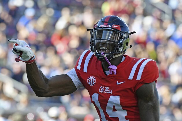 Mississippi wide receiver D.K. Metcalf (14) gestures before a play during the first half of an NCAA college football game against Louisiana Monroe in Oxford, Miss., Saturday, Oct. 6, 2018. (AP Photo/Thomas Graning) Mississippi wide receiver D.K. Metcalf (14) gestures before a play during the first half of an NCAA college football game against Louisiana Monroe in Oxford, Miss., Saturday, Oct. 6, 2018. (AP Photo/Thomas Graning)