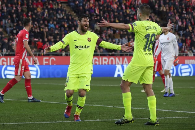 FC Barcelona's Lionel Messi celebrates after scoring his side's second goal during the Spanish La Liga soccer match between Girona and FC Barcelona at the Montilivi stadium in Girona, Spain, Sunday, Jan. 27, 2019. (AP Photo/Manu Fernandez)