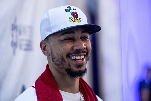 LEDYARD, CT - JANUARY 19: Mookie Betts #50 of the Boston Red Sox reacts during the 2019 Red Sox Winter Weekend on January 19, 2019 at Foxwoods Resort & Casino in Ledyard, Connecticut. (Photo by Billie Weiss/Boston Red Sox/Getty Images)