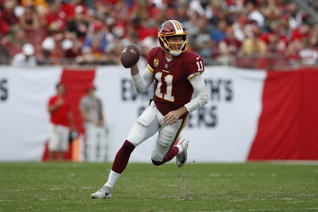 Washington Redskins quarterback Alex Smith (11) looks to throw a pass against the Tampa Bay Buccaneers during an NFL football game Sunday, Nov. 11, 2018, in Tampa, Fla. The Redskins won the game 16-3. (Jeff Haynes/AP Images for Panini)