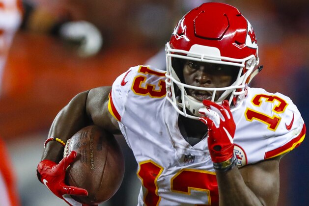 Kansas City Chiefs wide receiver De'Anthony Thomas runs against the Denver Broncos during the second half of an NFL football game, Monday, Oct. 1, 2018, in Denver. (AP Photo/Jack Dempsey)