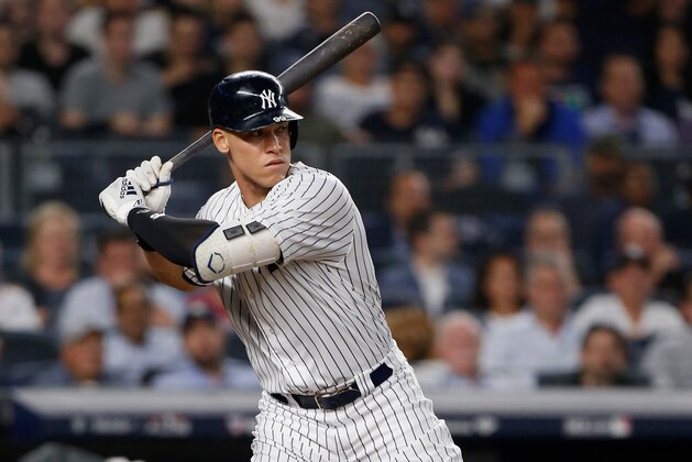 NEW YORK, NY - OCTOBER 09:  (NEW YORK DAILIES OUT)   Aaron Judge #99 of the New York Yankees in action against the Boston Red Sox in Game Four of the American League Division Series at Yankee Stadium on October 9, 2018 in the Bronx borough of New York City. The Red Sox defeated the Yankees  4-3.  (Photo by Jim McIsaac/Getty Images)