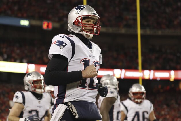 New England Patriots quarterback Tom Brady (12) celebrates a touchdown during the second half of the AFC Championship NFL football game against the Kansas City Chiefs, Sunday, Jan. 20, 2019, in Kansas City, Mo. (AP Photo/Jeff Roberson)