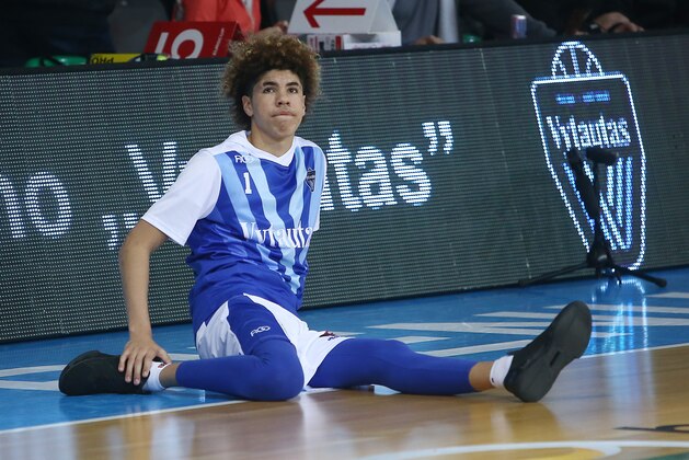 PRIENAI, LITHUANIA - JANUARY 09:  LaMelo Ball of Vytautas Prienai prior to the match between Vytautas Prienai and Zalgiris Kauno on January 9, 2018 in Prienai, Lithuania.  (Photo by Alius Koroliovas/Getty Images)