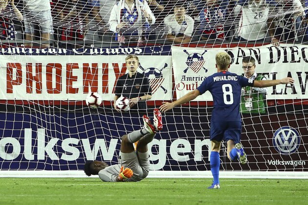 United States midfielder Djordje Mihailovic (8) scores a goal against Panama goalkeeper Eddie Roberts, left, during the first half of a men's international friendly soccer match Sunday, Jan. 27, 2019, in Phoenix. (AP Photo/Ross D. Franklin)