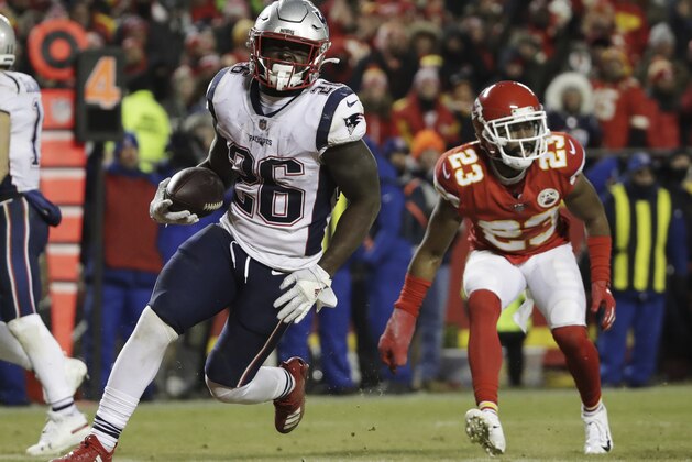New England Patriots running back Sony Michel (26) runs to the end zone for a touchdown during the second half of the AFC Championship NFL football game against the Kansas City Chiefs, Sunday, Jan. 20, 2019, in Kansas City, Mo. (AP Photo/Elise Amendola) New England Patriots running back Sony Michel (26) runs to the end zone for a touchdown during the second half of the AFC Championship NFL football game against the Kansas City Chiefs, Sunday, Jan. 20, 2019, in Kansas City, Mo. (AP Photo/Elise Amendola)