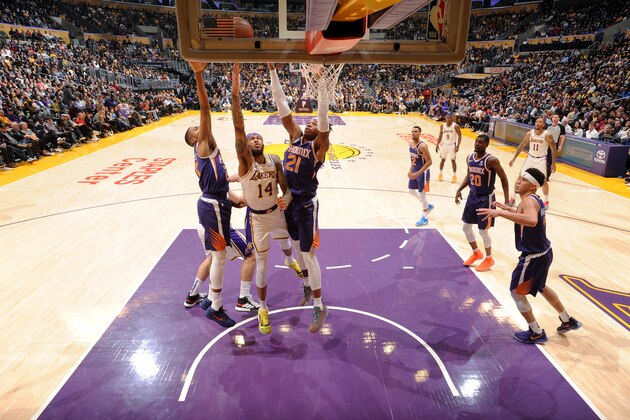 LOS ANGELES, CA - JANUARY 27: Brandon Ingram #14 of the Los Angeles Lakers goes to the basket against the Phoenix Suns on January 27, 2019 at STAPLES Center in Los Angeles, California. NOTE TO USER: User expressly acknowledges and agrees that, by downloading and/or using this photograph, user is consenting to the terms and conditions of the Getty Images License Agreement. Mandatory Copyright Notice: Copyright 2019 NBAE (Photo by Andrew D. Bernstein/NBAE via Getty Images)