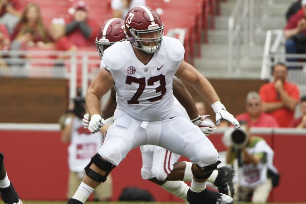 FILE - In this Oct. 6, 2018, file photo, Alabama offensive lineman Jonah Williams sets up to block against Arkansas in the second half of a game in Fayetteville, Ark. Williams was named to the 2018 AP All-America NCAA college football team, Monday, Dec. 10, 2018. (AP Photo/Michael Woods, File) FILE - In this Oct. 6, 2018, file photo, Alabama offensive lineman Jonah Williams sets up to block against Arkansas in the second half of a game in Fayetteville, Ark. Williams was named to the 2018 AP All-America NCAA college football team, Monday, Dec. 10, 2018. (AP Photo/Michael Woods, File)