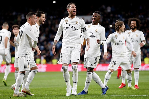 MADRID, SPAIN - JANUARY 24: Sergio Ramos of Real Madrid celebrate goal during the Spanish Copa del Rey  match between Real Madrid v Girona at the Santiago Bernabeu on January 24, 2019 in Madrid Spain (Photo by David S. Bustamante/Soccrates/Getty Images)