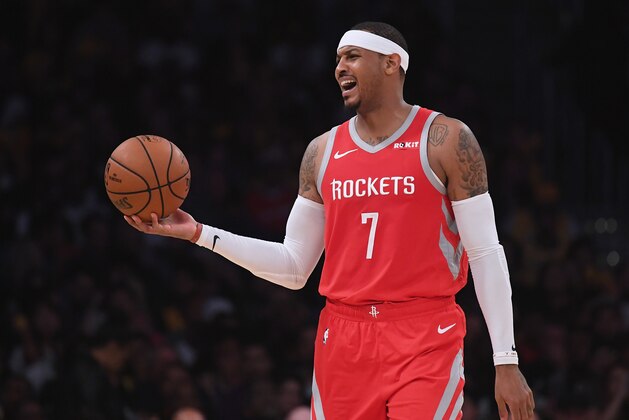 LOS ANGELES, CA - OCTOBER 20:  Carmelo Anthony #7 of the Houston Rockets reacts to his offensive foul during a 124-115 win over the Los Angeles Lakers at Staples Center on October 20, 2018 in Los Angeles, California.  (Photo by Harry How/Getty Images)