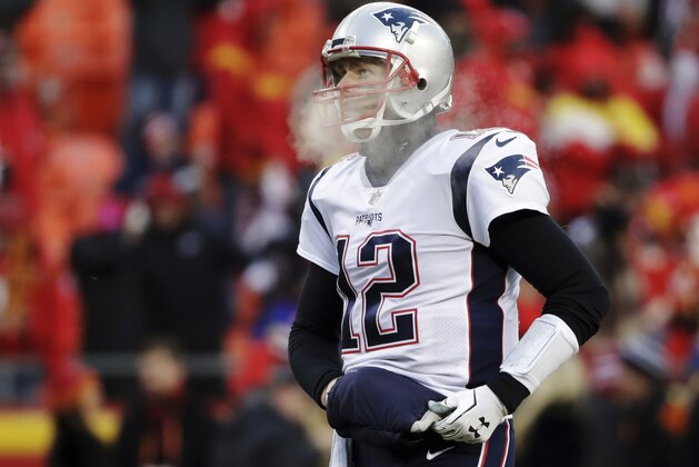 New England Patriots quarterback Tom Brady warms up before the AFC Championship NFL football game against the Kansas City Chiefs, Sunday, Jan. 20, 2019, in Kansas City, Mo. (AP Photo/Elise Amendola)