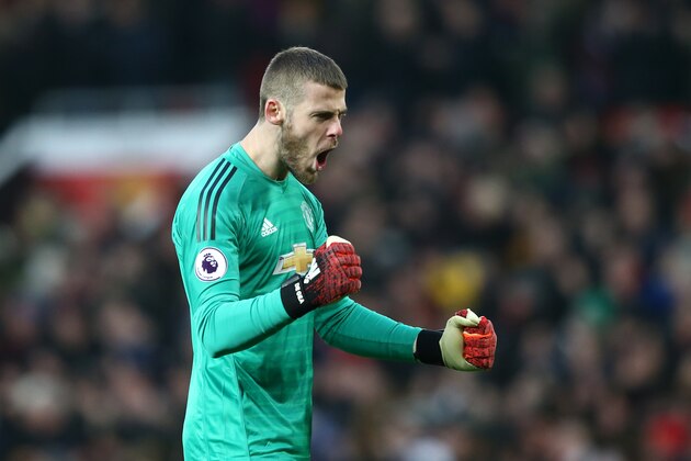 MANCHESTER, ENGLAND - JANUARY 19:  David De Gea of Manchester United reacts during the Premier League match between Manchester United and Brighton & Hove Albion at Old Trafford on January 19, 2019 in Manchester, United Kingdom.  (Photo by Jan Kruger/Getty Images)