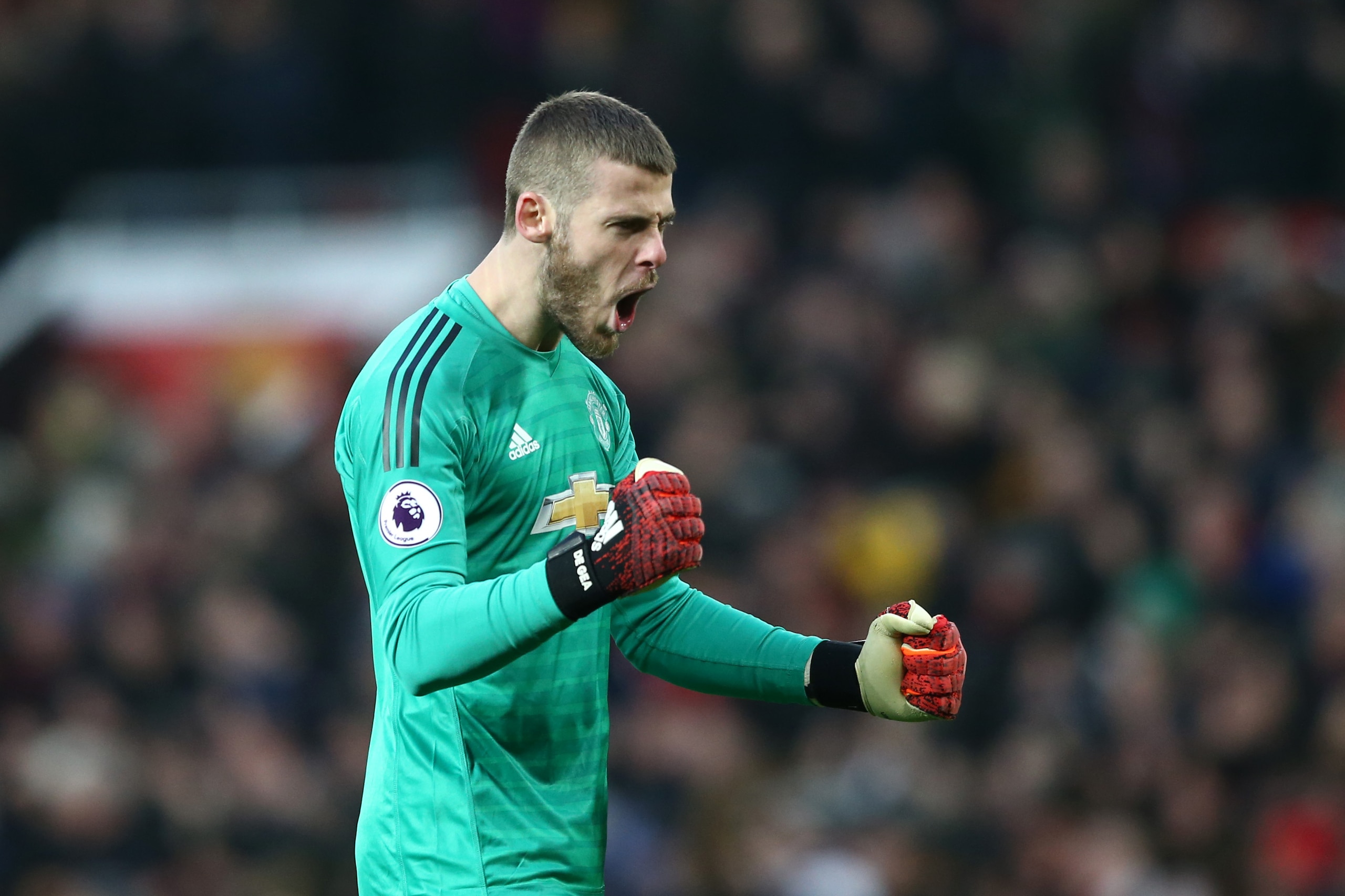 MANCHESTER, ENGLAND - JANUARY 19:  David De Gea of Manchester United reacts during the Premier League match between Manchester United and Brighton & Hove Albion at Old Trafford on January 19, 2019 in Manchester, United Kingdom.  (Photo by Jan Kruger/Getty Images)