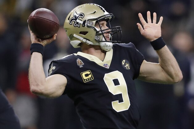 New Orleans Saints' Drew Brees throws during the first half the NFL football NFC championship game against the Los Angeles Rams, Sunday, Jan. 20, 2019, in New Orleans. (AP Photo/John Bazemore)