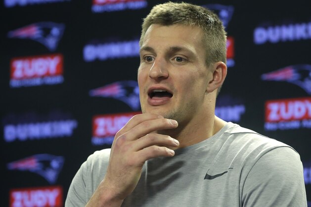 New England Patriots tight end Rob Gronkowski takes questions from reporters following an NFL football practice, Thursday, Jan. 24, 2019, in Foxborough, Mass. The Los Angeles Rams are to play the New England Patriots in Super Bowl 53 on Feb. 3, in Atlanta, Ga. (AP Photo/Steven Senne)