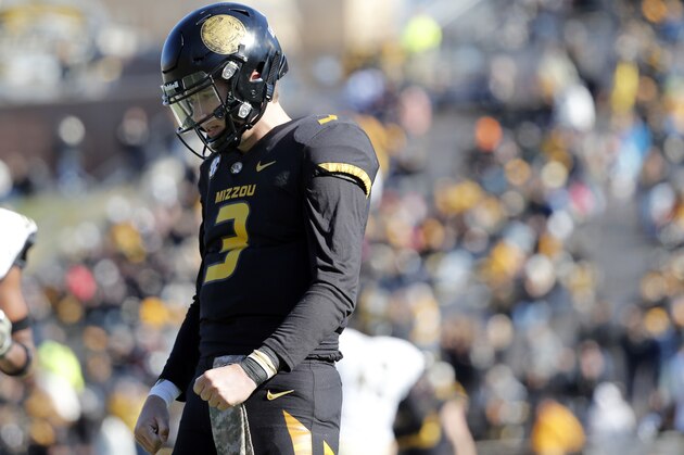 Missouri quarterback Drew Lock reacts after throwing an incomplete pass during the first half of an NCAA college football game against Vanderbilt Saturday, Nov. 10, 2018, in Columbia, Mo. (AP Photo/Jeff Roberson)