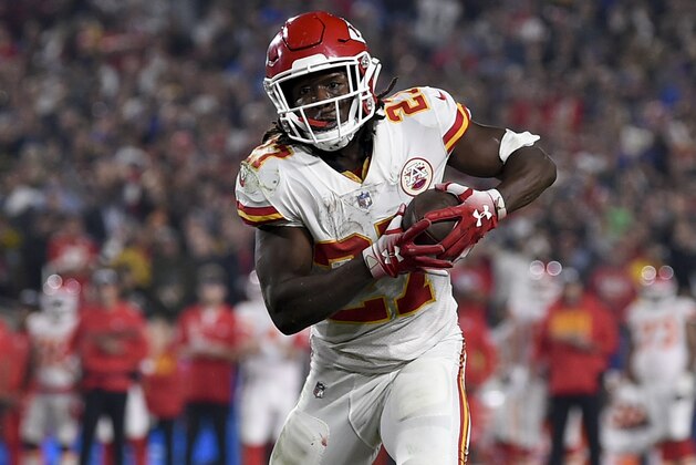 Kansas City Chiefs running back Kareem Hunt in action during the second half of an NFL football game against the Los Angeles Rams, Monday, Nov. 19, 2018, in Los Angeles. (AP Photo/Kelvin Kuo)